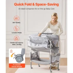 VEVOR Baby Changing Table, Foldable Diaper Change Station with 2 Fabric Drawers, Side Basket & Hanging Rod, Adjustable Height Portable Changing Table with Lockable Wheels & 2 Star Toys, Light Gray