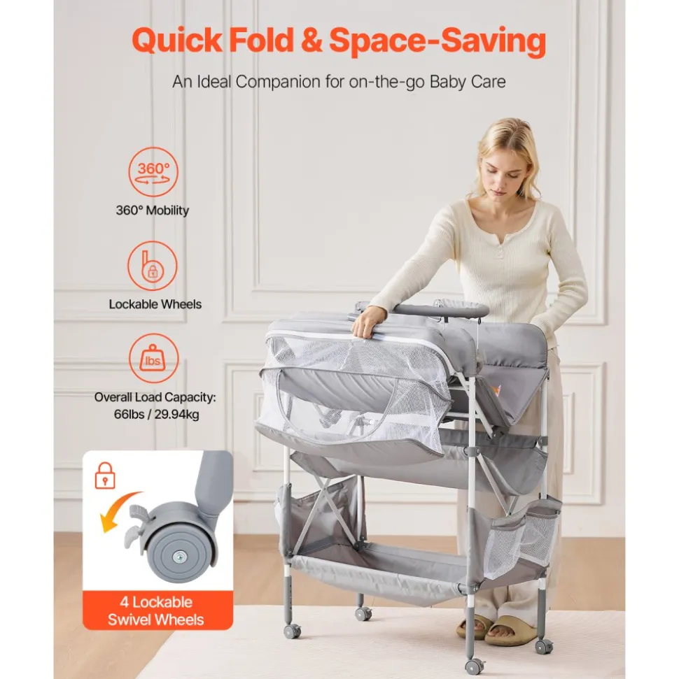 VEVOR Baby Changing Table, Foldable Diaper Change Station with 2 Fabric Drawers, Side Basket & Hanging Rod, Adjustable Height Portable Changing Table with Lockable Wheels & 2 Star Toys, Light Gray