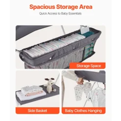 VEVOR Baby Changing Table, Foldable Diaper Change Station with Side Basket, Adjustable Height Portable Changing Table with Lockable Wheels, Multi-Functional Storage Organizer Nursery, Dark Gray