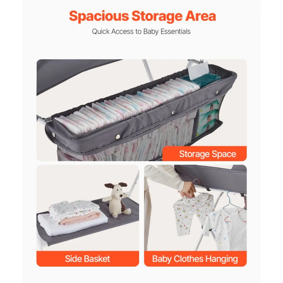 VEVOR Baby Changing Table, Foldable Diaper Change Station with Side Basket, Adjustable Height Portable Changing Table with Lockable Wheels, Multi-Functional Storage Organizer Nursery, Dark Gray