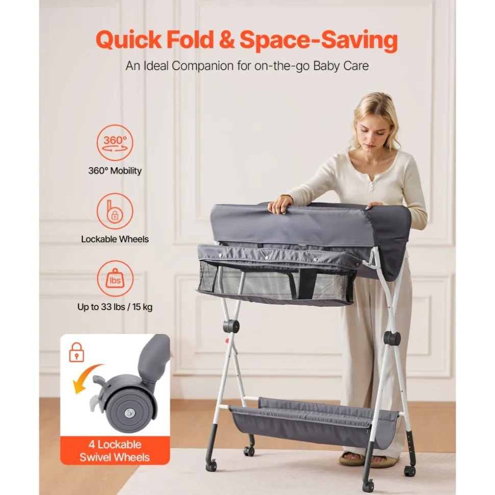 VEVOR Baby Changing Table, Foldable Diaper Change Station with Side Basket, Adjustable Height Portable Changing Table with Lockable Wheels, Multi-Functional Storage Organizer Nursery, Dark Gray