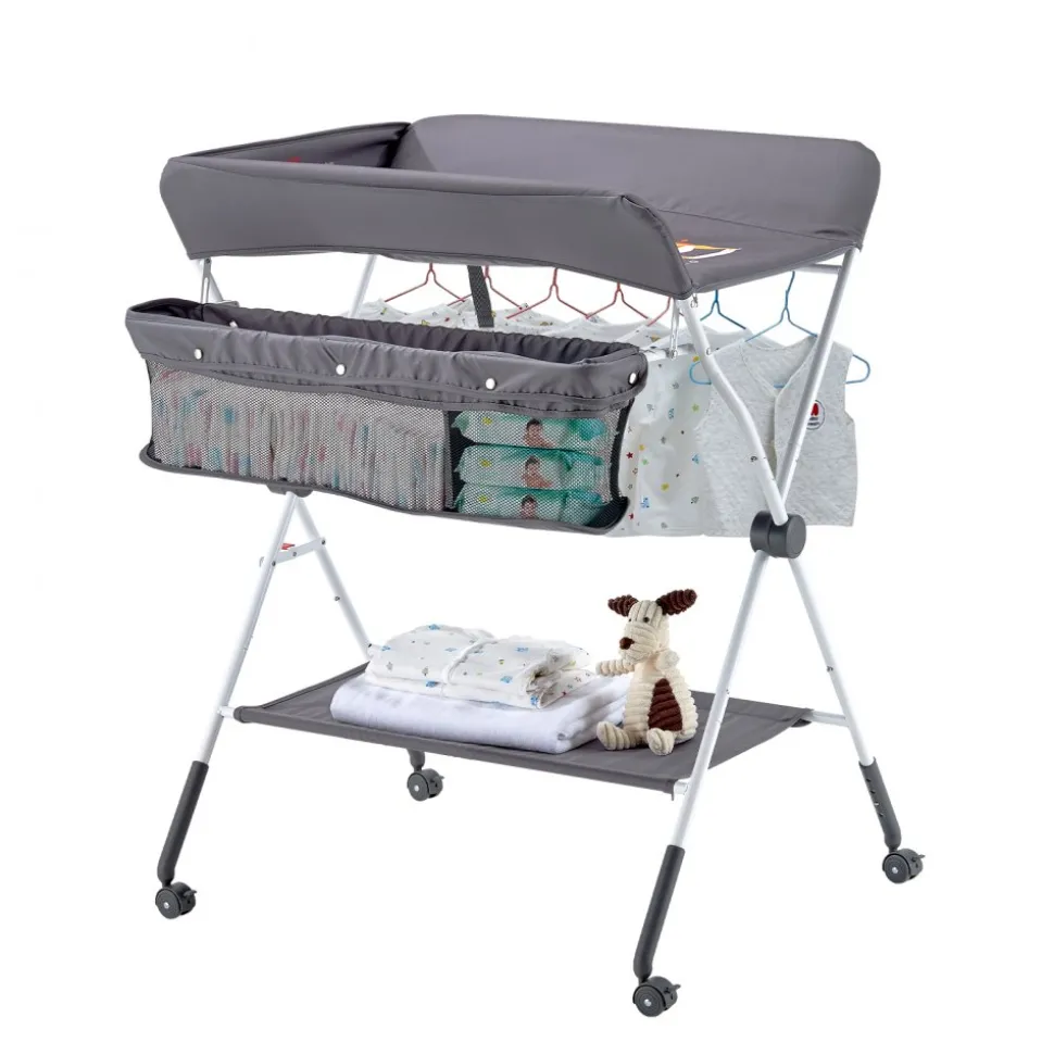 VEVOR Baby Changing Table, Foldable Diaper Change Station with Side Basket, Adjustable Height Portable Changing Table with Lockable Wheels, Multi-Functional Storage Organizer Nursery, Dark Gray