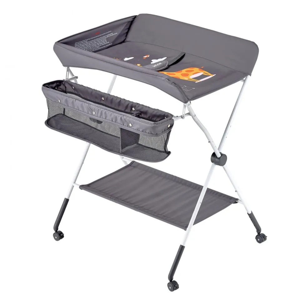 VEVOR Baby Changing Table, Foldable Diaper Change Station with Side Basket, Adjustable Height Portable Changing Table with Lockable Wheels, Multi-Functional Storage Organizer Nursery, Dark Gray