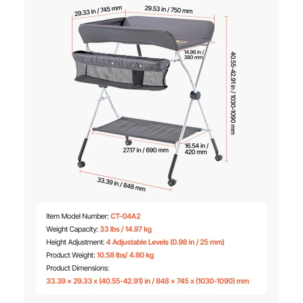 VEVOR Baby Changing Table, Foldable Diaper Change Station with Side Basket, Adjustable Height Portable Changing Table with Lockable Wheels, Multi-Functional Storage Organizer Nursery, Dark Gray