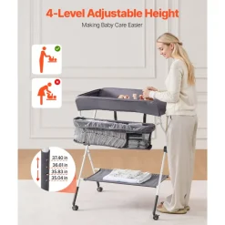 VEVOR Baby Changing Table, Foldable Diaper Change Station with Side Basket, Adjustable Height Portable Changing Table with Lockable Wheels, Multi-Functional Storage Organizer Nursery, Dark Gray