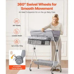 VEVOR Baby Changing Table, Foldable Diaper Change Station with Side Basket, Adjustable Height Portable Changing Table with Lockable Wheels, Multi-Functional Storage Organizer Nursery, Light Gray