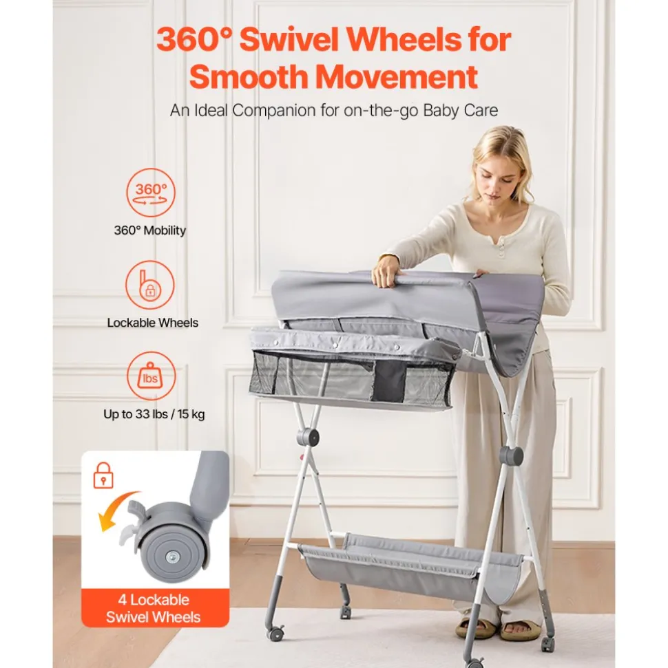 VEVOR Baby Changing Table, Foldable Diaper Change Station with Side Basket, Adjustable Height Portable Changing Table with Lockable Wheels, Multi-Functional Storage Organizer Nursery, Light Gray