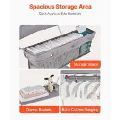 VEVOR Baby Changing Table, Foldable Diaper Change Station with Side Basket, Adjustable Height Portable Changing Table with Lockable Wheels, Multi-Functional Storage Organizer Nursery, Light Gray