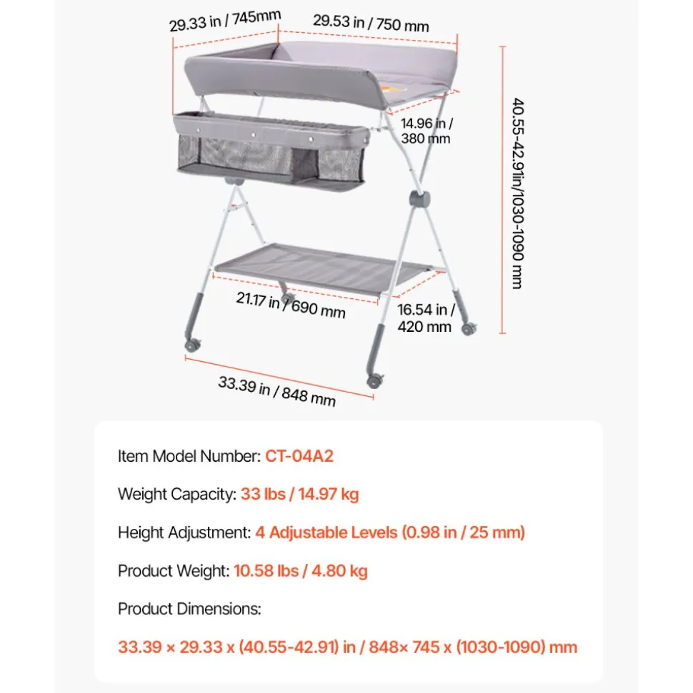 VEVOR Baby Changing Table, Foldable Diaper Change Station with Side Basket, Adjustable Height Portable Changing Table with Lockable Wheels, Multi-Functional Storage Organizer Nursery, Light Gray
