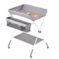 VEVOR Baby Changing Table, Foldable Diaper Change Station with Side Basket, Adjustable Height Portable Changing Table with Lockable Wheels, Multi-Functional Storage Organizer Nursery, Light Gray