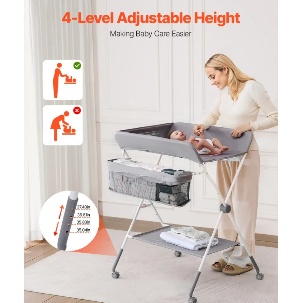 VEVOR Baby Changing Table, Foldable Diaper Change Station with Side Basket, Adjustable Height Portable Changing Table with Lockable Wheels, Multi-Functional Storage Organizer Nursery, Light Gray