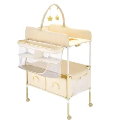 VEVOR Baby Changing Table, Foldable Diaper Change Station with 2 Fabric Drawers, Side Basket & Hanging Rod, Adjustable Height Portable Changing Table with Lockable Wheels & 2 Star Toys, Light Beige