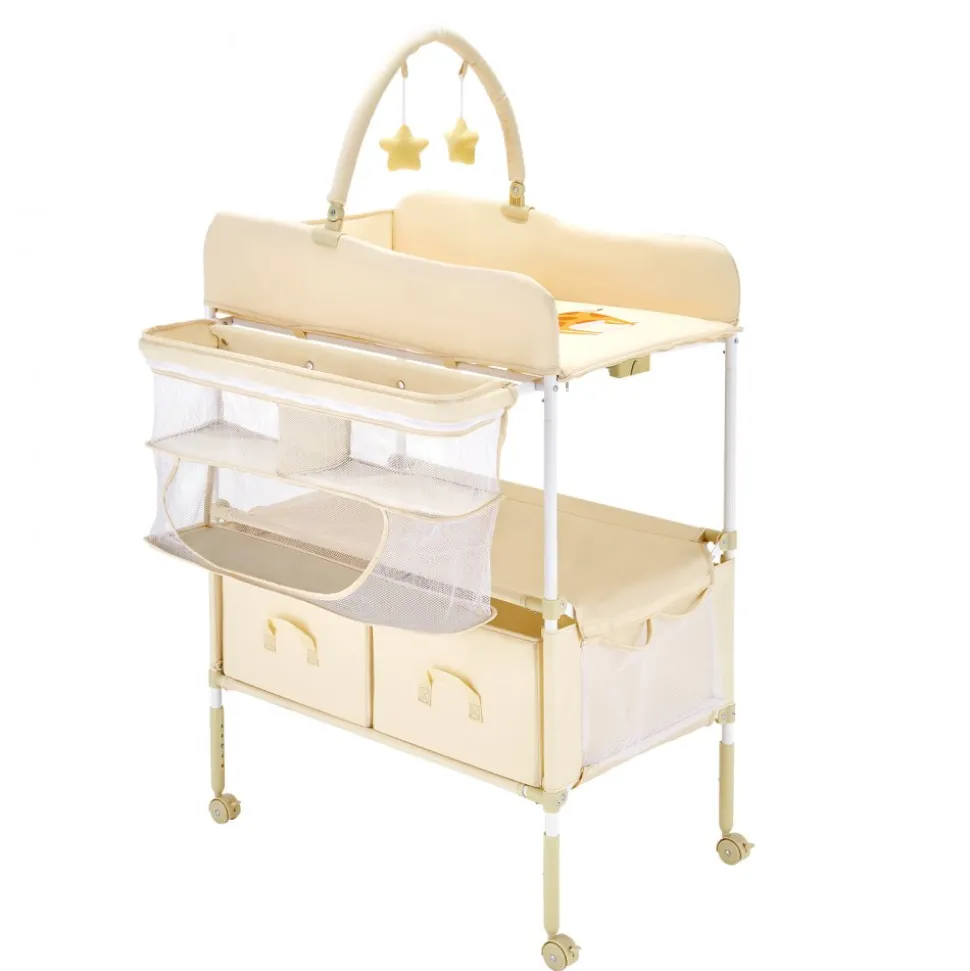 VEVOR Baby Changing Table, Foldable Diaper Change Station with 2 Fabric Drawers, Side Basket & Hanging Rod, Adjustable Height Portable Changing Table with Lockable Wheels & 2 Star Toys, Light Beige
