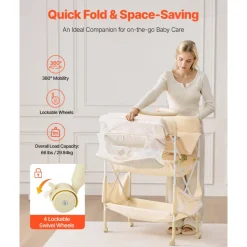 VEVOR Baby Changing Table, Foldable Diaper Change Station with 2 Fabric Drawers, Side Basket & Hanging Rod, Adjustable Height Portable Changing Table with Lockable Wheels & 2 Star Toys, Light Beige