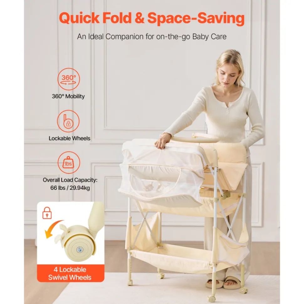VEVOR Baby Changing Table, Foldable Diaper Change Station with 2 Fabric Drawers, Side Basket & Hanging Rod, Adjustable Height Portable Changing Table with Lockable Wheels & 2 Star Toys, Light Beige