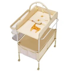 VEVOR Baby Changing Table, Foldable Diaper Change Station with 2 Fabric Drawers, Side Basket & Hanging Rod, Adjustable Height Portable Changing Table with Lockable Wheels & 2 Star Toys, Light Beige
