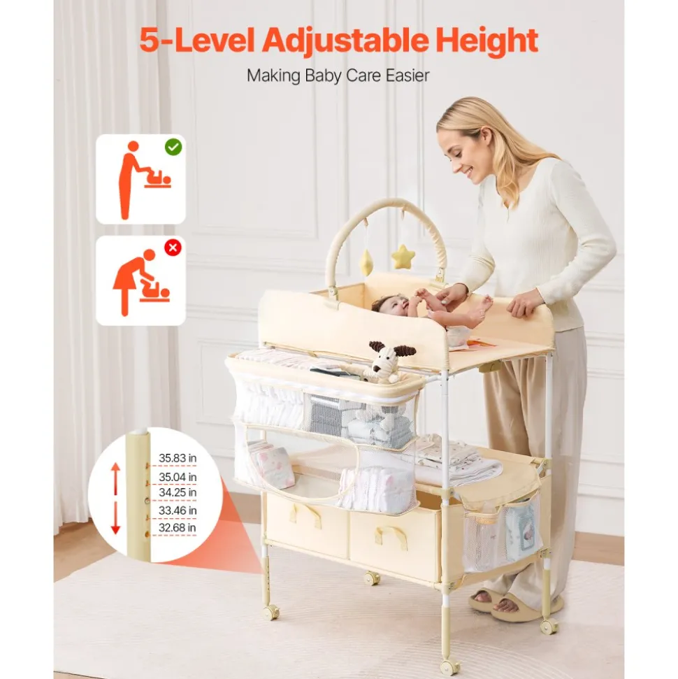 VEVOR Baby Changing Table, Foldable Diaper Change Station with 2 Fabric Drawers, Side Basket & Hanging Rod, Adjustable Height Portable Changing Table with Lockable Wheels & 2 Star Toys, Light Beige