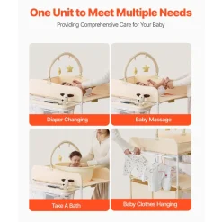 VEVOR Baby Changing Table, Foldable Diaper Change Station with 2 Fabric Drawers, Side Basket & Hanging Rod, Adjustable Height Portable Changing Table with Lockable Wheels & 2 Star Toys, Light Beige