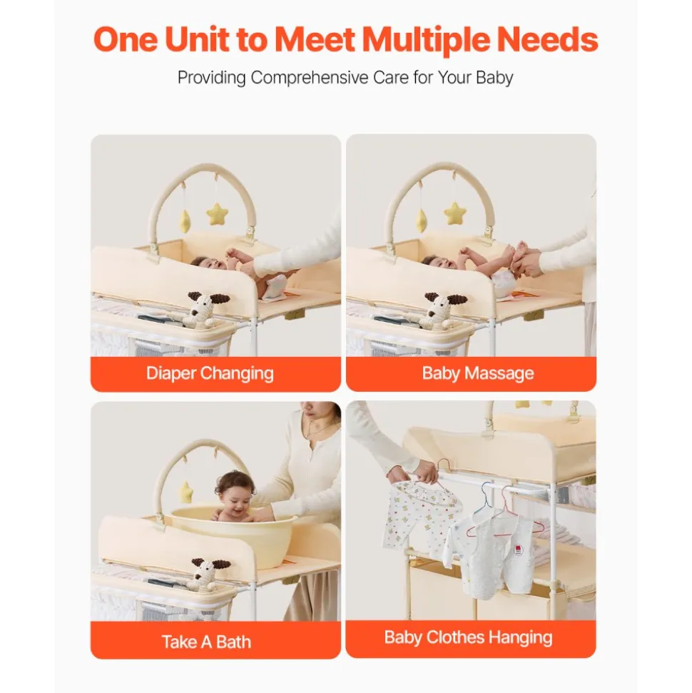 VEVOR Baby Changing Table, Foldable Diaper Change Station with 2 Fabric Drawers, Side Basket & Hanging Rod, Adjustable Height Portable Changing Table with Lockable Wheels & 2 Star Toys, Light Beige