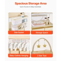 VEVOR Baby Changing Table, Foldable Diaper Change Station with 2 Fabric Drawers, Side Basket & Hanging Rod, Adjustable Height Portable Changing Table with Lockable Wheels & 2 Star Toys, Light Beige