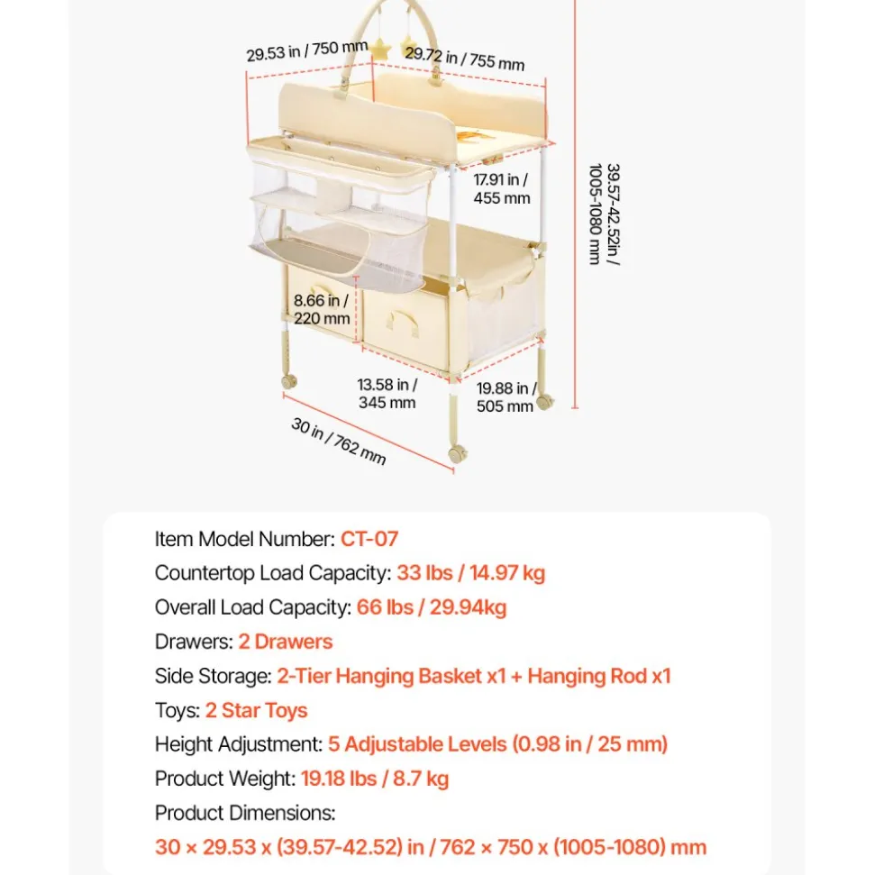 VEVOR Baby Changing Table, Foldable Diaper Change Station with 2 Fabric Drawers, Side Basket & Hanging Rod, Adjustable Height Portable Changing Table with Lockable Wheels & 2 Star Toys, Light Beige