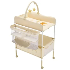 VEVOR Baby Changing Table, Foldable Diaper Change Station with 2 Fabric Drawers, Side Basket & Hanging Rod, Adjustable Height Portable Changing Table with Lockable Wheels & 2 Star Toys, Light Beige