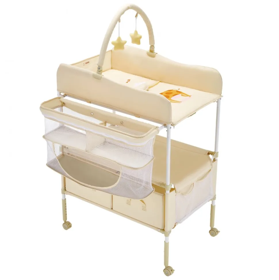 VEVOR Baby Changing Table, Foldable Diaper Change Station with 2 Fabric Drawers, Side Basket & Hanging Rod, Adjustable Height Portable Changing Table with Lockable Wheels & 2 Star Toys, Light Beige