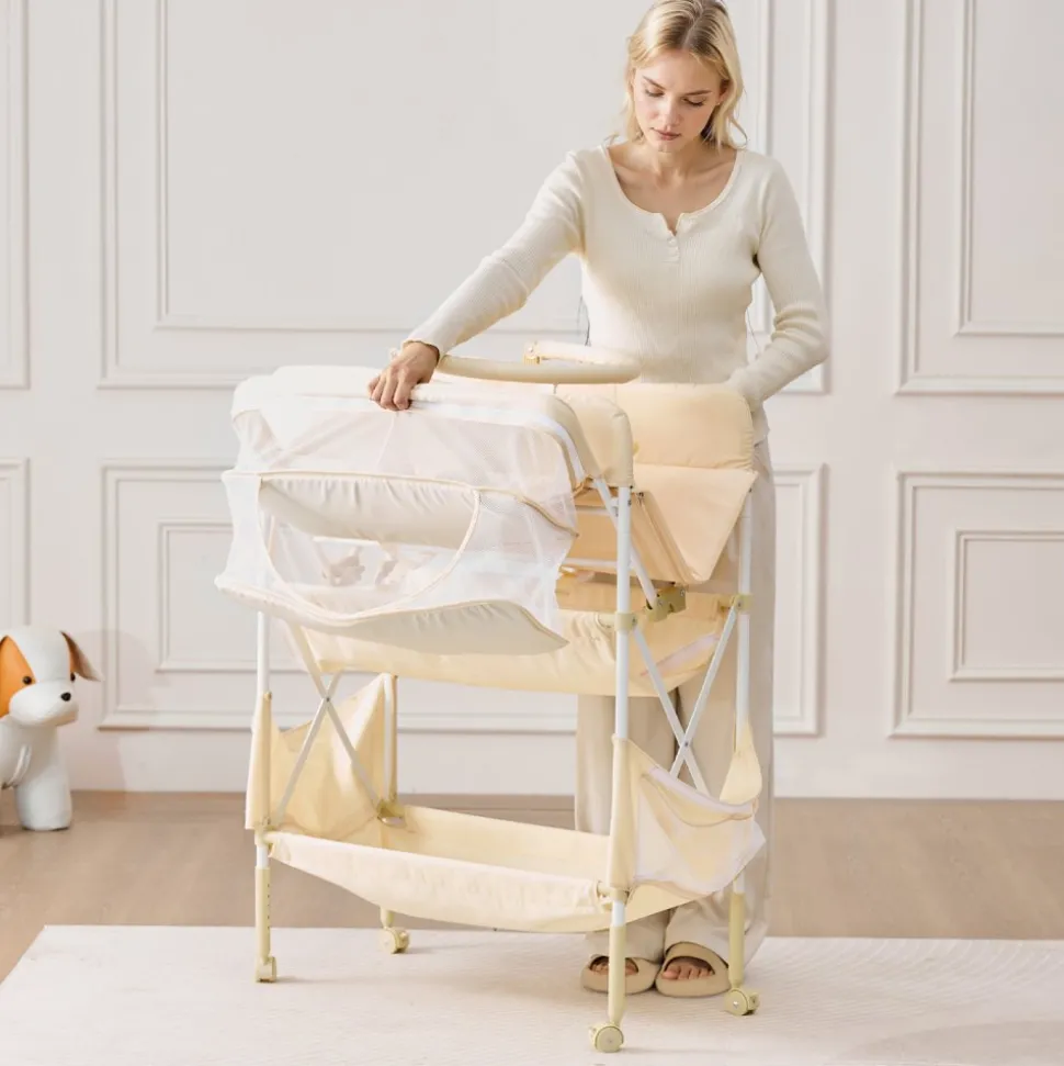 VEVOR Baby Changing Table, Foldable Diaper Change Station with 2 Fabric Drawers, Side Basket & Hanging Rod, Adjustable Height Portable Changing Table with Lockable Wheels & 2 Star Toys, Light Beige