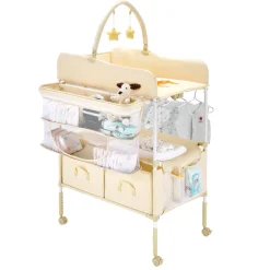 VEVOR Baby Changing Table, Foldable Diaper Change Station with 2 Fabric Drawers, Side Basket & Hanging Rod, Adjustable Height Portable Changing Table with Lockable Wheels & 2 Star Toys, Light Beige