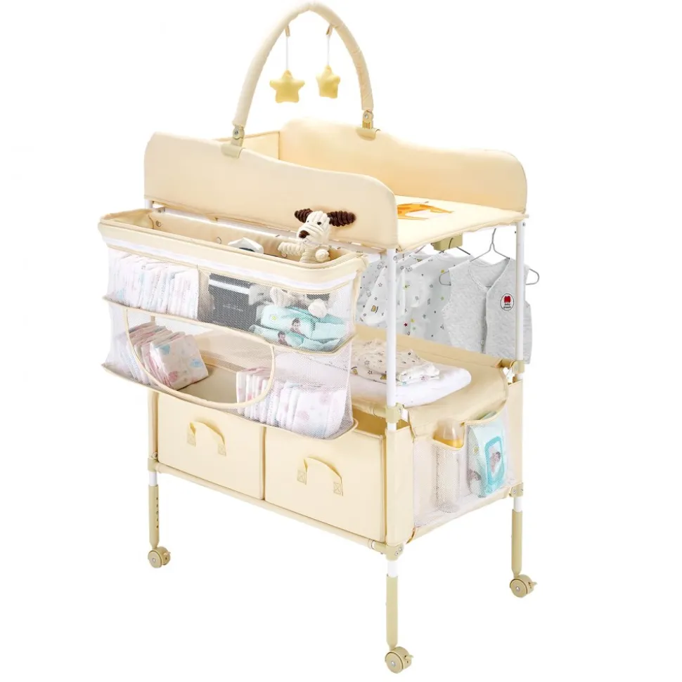 VEVOR Baby Changing Table, Foldable Diaper Change Station with 2 Fabric Drawers, Side Basket & Hanging Rod, Adjustable Height Portable Changing Table with Lockable Wheels & 2 Star Toys, Light Beige