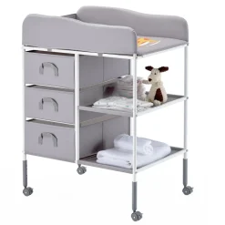 VEVOR Baby Changing Table, Portable Diaper Change Station with 3 Fabric Drawers and Lockable Wheels, Adjustable Height Multi-Functional Changing Station Table with Storage Organizer Nursery, Gray