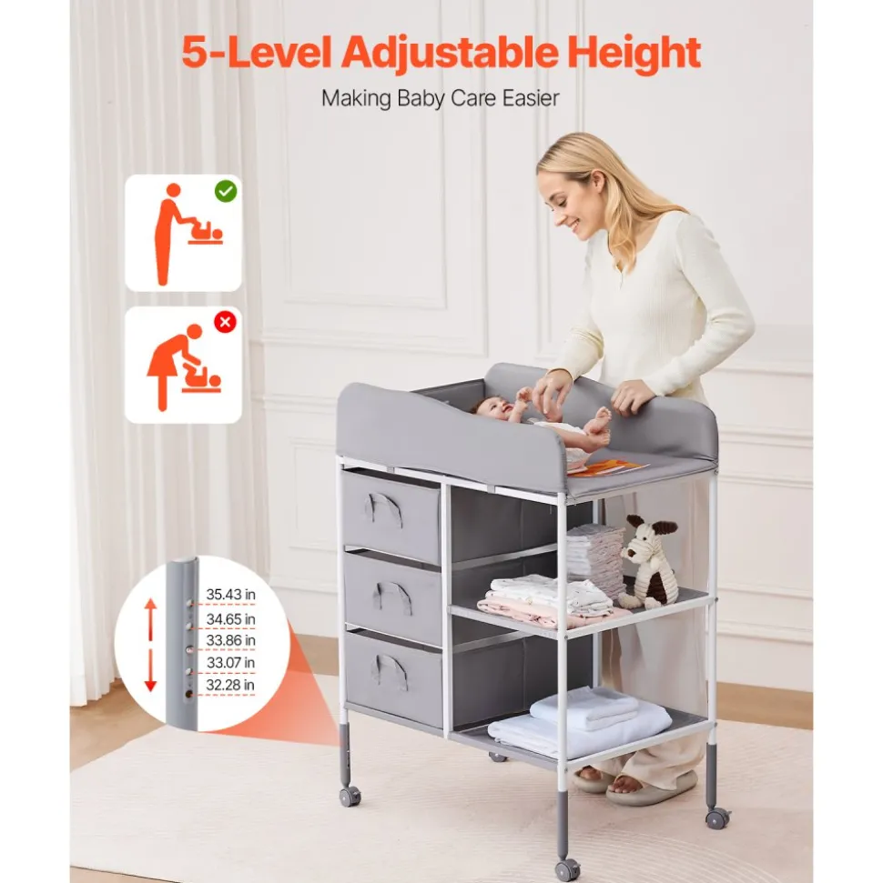 VEVOR Baby Changing Table, Portable Diaper Change Station with 3 Fabric Drawers and Lockable Wheels, Adjustable Height Multi-Functional Changing Station Table with Storage Organizer Nursery, Gray