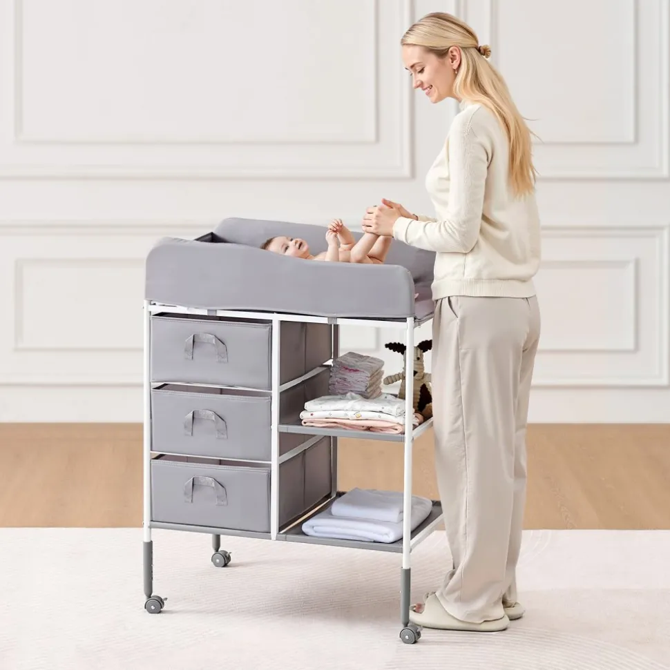 VEVOR Baby Changing Table, Portable Diaper Change Station with 3 Fabric Drawers and Lockable Wheels, Adjustable Height Multi-Functional Changing Station Table with Storage Organizer Nursery, Gray