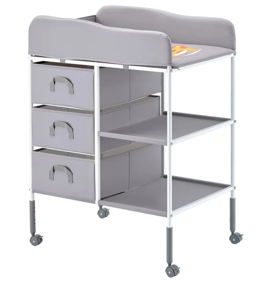 VEVOR Baby Changing Table, Portable Diaper Change Station with 3 Fabric Drawers and Lockable Wheels, Adjustable Height Multi-Functional Changing Station Table with Storage Organizer Nursery, Gray
