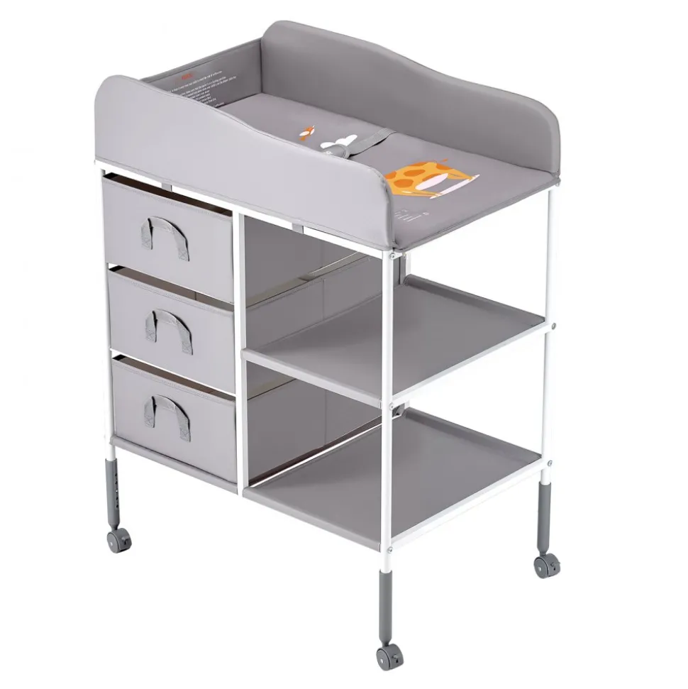 VEVOR Baby Changing Table, Portable Diaper Change Station with 3 Fabric Drawers and Lockable Wheels, Adjustable Height Multi-Functional Changing Station Table with Storage Organizer Nursery, Gray