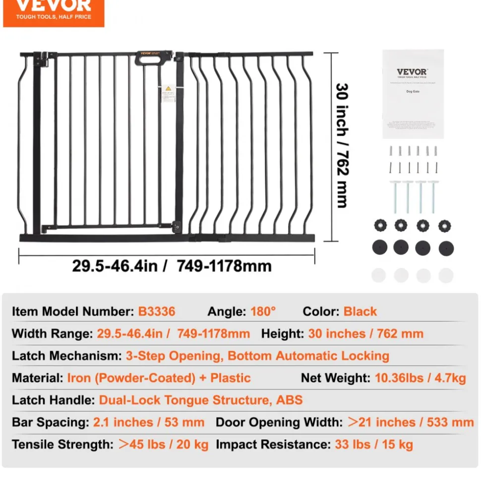 VEVOR Baby Gate, 29.5"-46.4" Extra Wide, 30" High, Dog Gate for Stairs Doorways and House, Easy Step Walk Thru Auto Close Child Gate Pet Security Gate with Pressure Mount Kit and Wall Mount Kit, Black