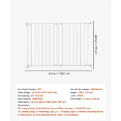 VEVOR Baby Gate for Stairs, 26-43 in Adjustable Width, 28 in High Dog Gate, No Bottom Bar, One-Handed Operation, Easy Drilling Installation with Hardware Kit, for Stairs, Doorways, and House, White