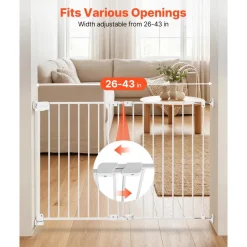 VEVOR Baby Gate for Stairs, 26-43 in Adjustable Width, 28 in High Dog Gate, No Bottom Bar, One-Handed Operation, Easy Drilling Installation with Hardware Kit, for Stairs, Doorways, and House, White