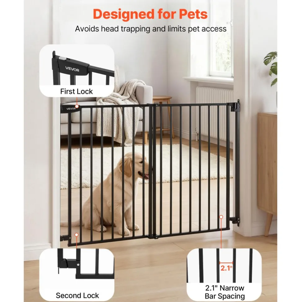 VEVOR Baby Gate for Stairs, 31-48 in Adjustable Width, 30 in High Dog Gate, No Bottom Bar, One-Handed Operation, Easy Drilling Installation with Hardware Kit, for Stairs, Doorways, and House, Black