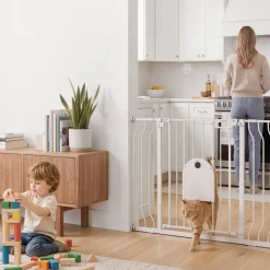 VEVOR Baby Gate for Stairs, 29.5-43 in Adjustable Width, Baby Gate with Adjustable Cat Door, with Pressure Mount Kit and Wall Mount Kit, Secure Metal Pet Door for Stairs, Doorways, and House, White