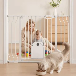 VEVOR Baby Gate for Stairs, 29.5-43 in Adjustable Width, Baby Gate with Adjustable Cat Door, with Pressure Mount Kit and Wall Mount Kit, Secure Metal Pet Door for Stairs, Doorways, and House, White