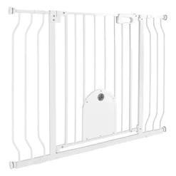 VEVOR Baby Gate for Stairs, 29.5-43 in Adjustable Width, Baby Gate with Adjustable Cat Door, with Pressure Mount Kit and Wall Mount Kit, Secure Metal Pet Door for Stairs, Doorways, and House, White