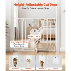 VEVOR Baby Gate for Stairs, 29.5-43 in Adjustable Width, Baby Gate with Adjustable Cat Door, with Pressure Mount Kit and Wall Mount Kit, Secure Metal Pet Door for Stairs, Doorways, and House, White