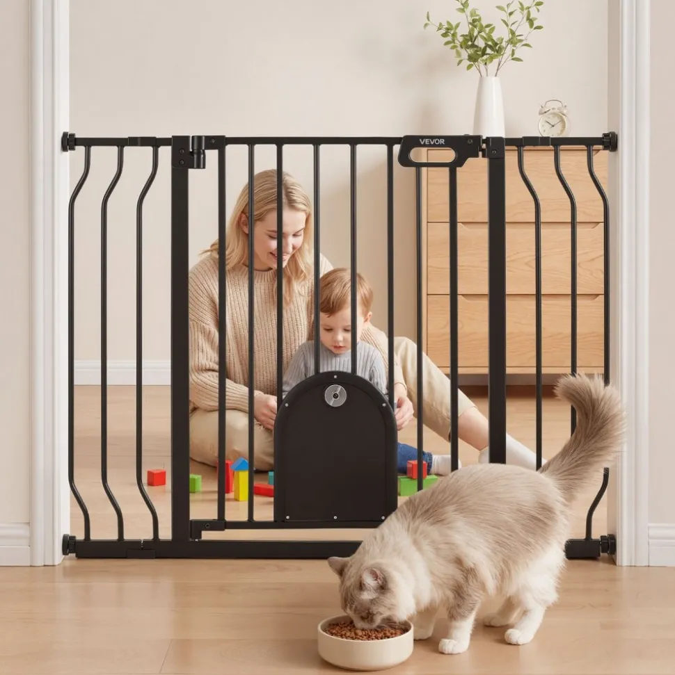 VEVOR Baby Gate for Stairs, 29.5-43 in Adjustable Width, Baby Gate with Adjustable Cat Door, with Pressure Mount Kit and Wall Mount Kit, Secure Metal Pet Door for Stairs, Doorways, and House, Black