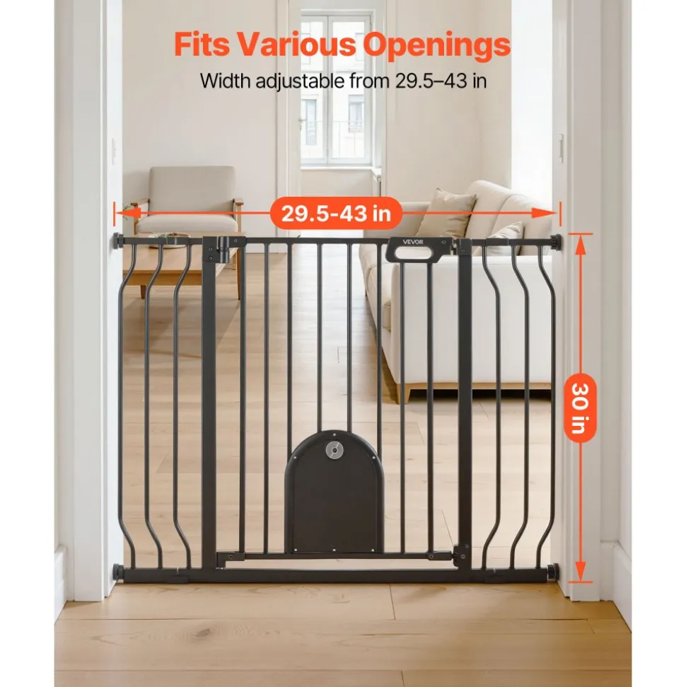 VEVOR Baby Gate for Stairs, 29.5-43 in Adjustable Width, Baby Gate with Adjustable Cat Door, with Pressure Mount Kit and Wall Mount Kit, Secure Metal Pet Door for Stairs, Doorways, and House, Black