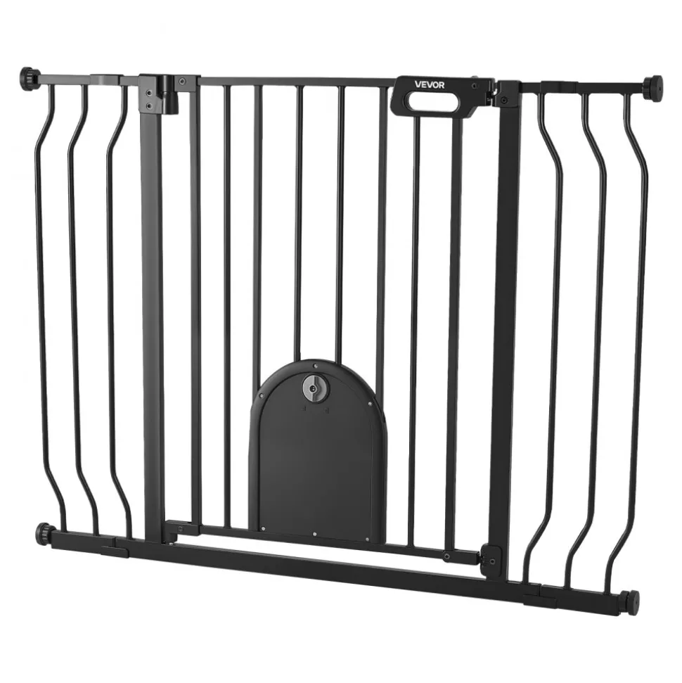 VEVOR Baby Gate for Stairs, 29.5-43 in Adjustable Width, Baby Gate with Adjustable Cat Door, with Pressure Mount Kit and Wall Mount Kit, Secure Metal Pet Door for Stairs, Doorways, and House, Black