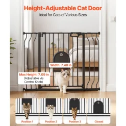 VEVOR Baby Gate for Stairs, 29.5-43 in Adjustable Width, Baby Gate with Adjustable Cat Door, with Pressure Mount Kit and Wall Mount Kit, Secure Metal Pet Door for Stairs, Doorways, and House, Black