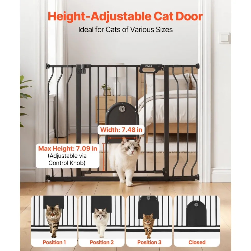 VEVOR Baby Gate for Stairs, 29.5-43 in Adjustable Width, Baby Gate with Adjustable Cat Door, with Pressure Mount Kit and Wall Mount Kit, Secure Metal Pet Door for Stairs, Doorways, and House, Black