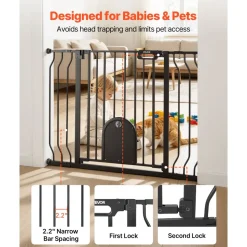 VEVOR Baby Gate for Stairs, 29.5-43 in Adjustable Width, Baby Gate with Adjustable Cat Door, with Pressure Mount Kit and Wall Mount Kit, Secure Metal Pet Door for Stairs, Doorways, and House, Black