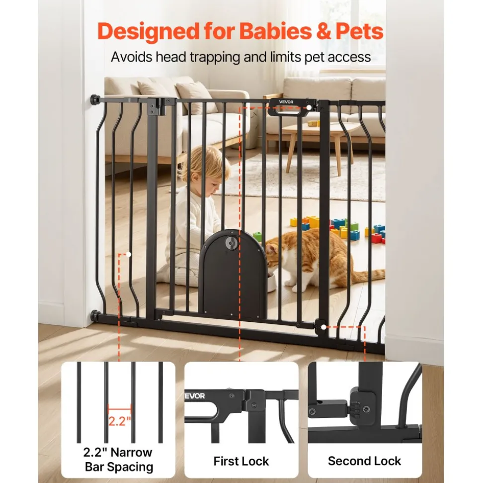 VEVOR Baby Gate for Stairs, 29.5-43 in Adjustable Width, Baby Gate with Adjustable Cat Door, with Pressure Mount Kit and Wall Mount Kit, Secure Metal Pet Door for Stairs, Doorways, and House, Black